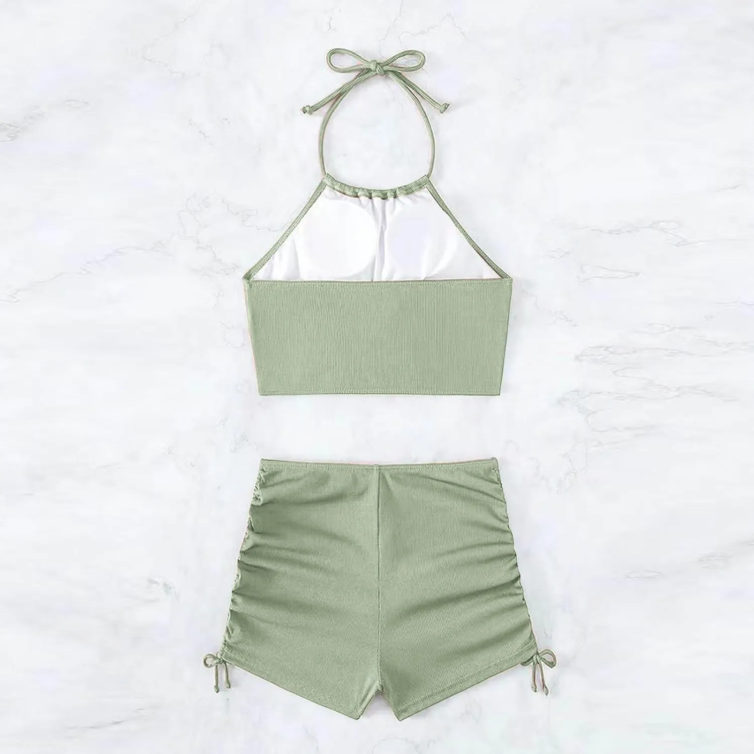 2 Piece Swimsuit for Women High Waisted Shorts Tummy Control Strap Cut Out Halter Bikini Sets Double Drawstring