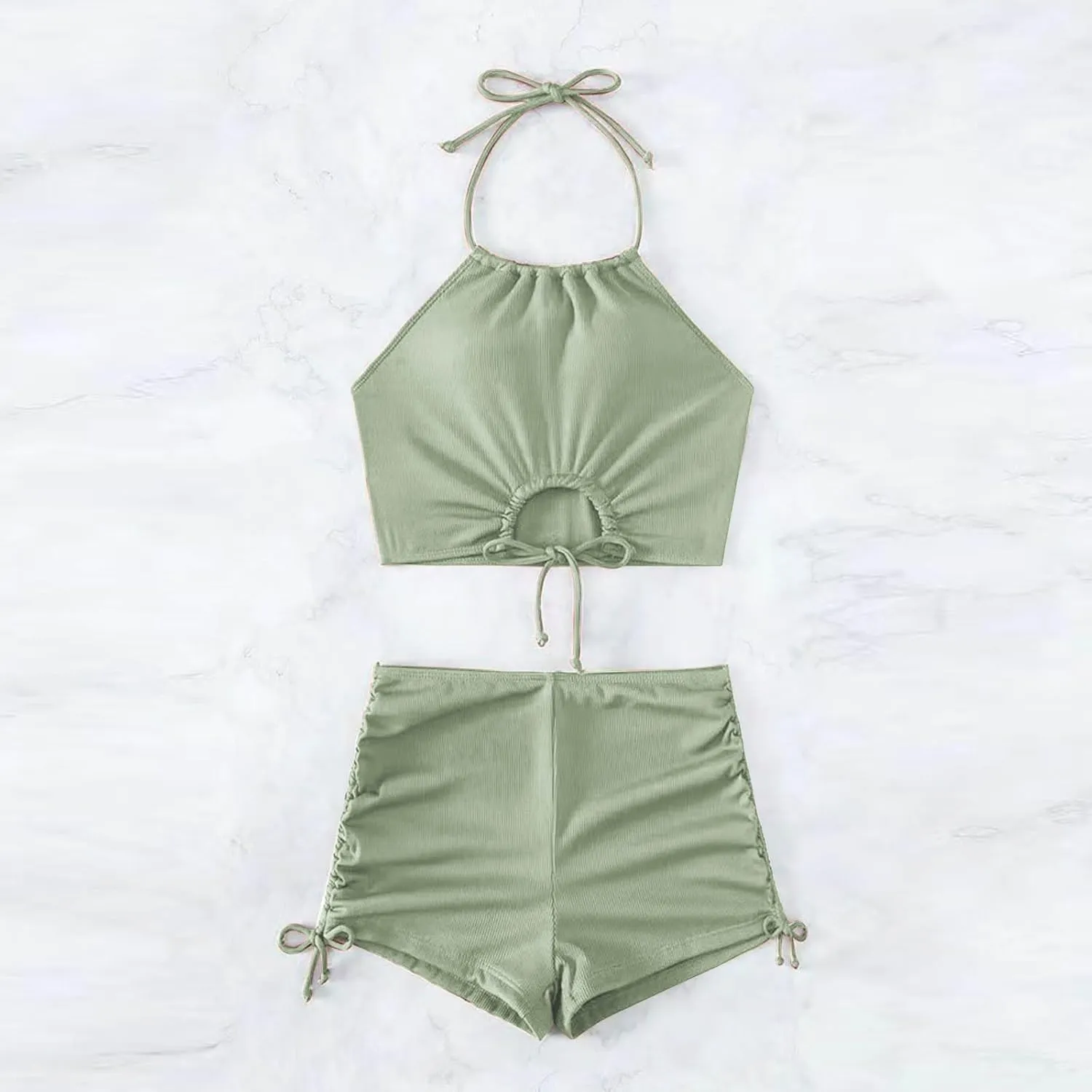 2 Piece Swimsuit for Women High Waisted Shorts Tummy Control Strap Cut Out Halter Bikini Sets Double Drawstring