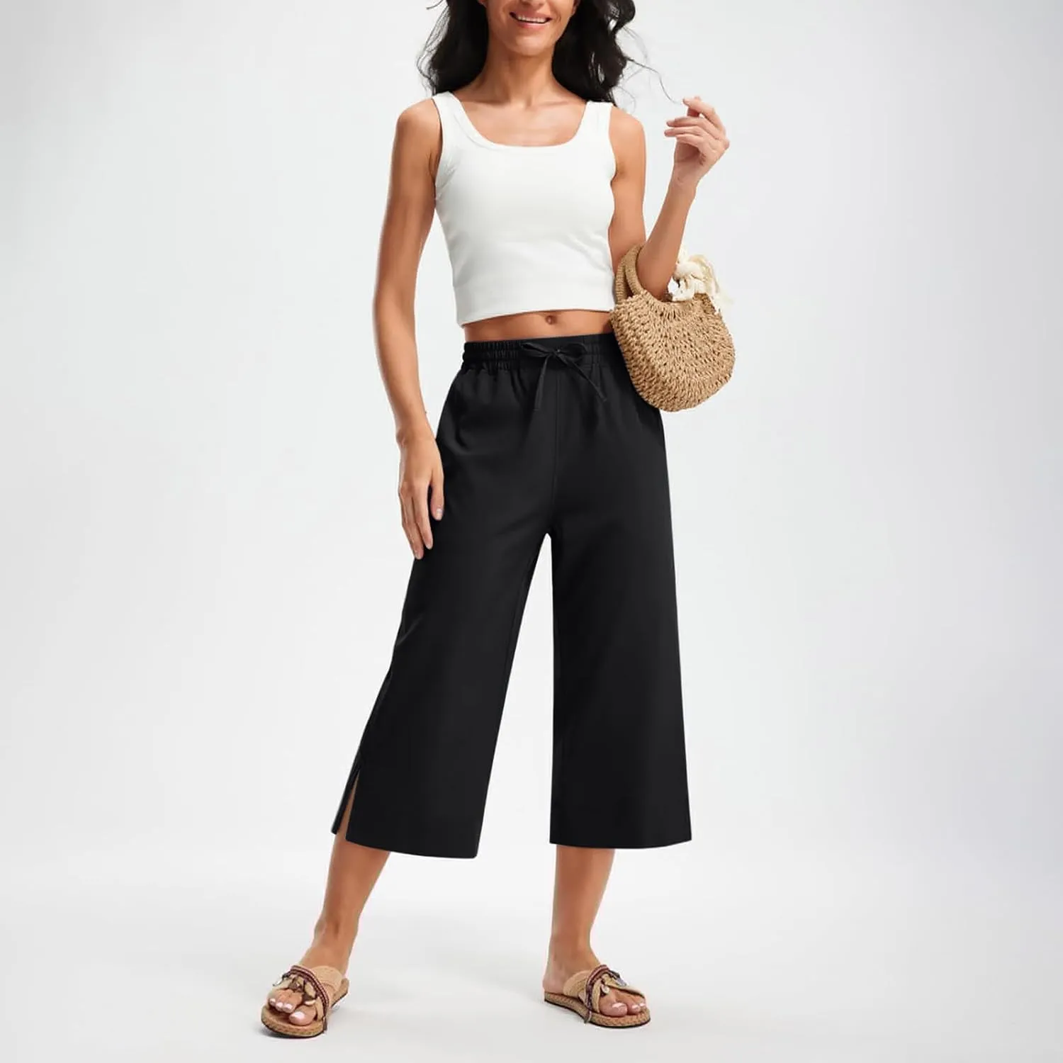 2025 Hot New Capri Pants for Women Mid-Thigh Length Loose Fit Straight Leg Slit Shorts Boho Vacation Outfits