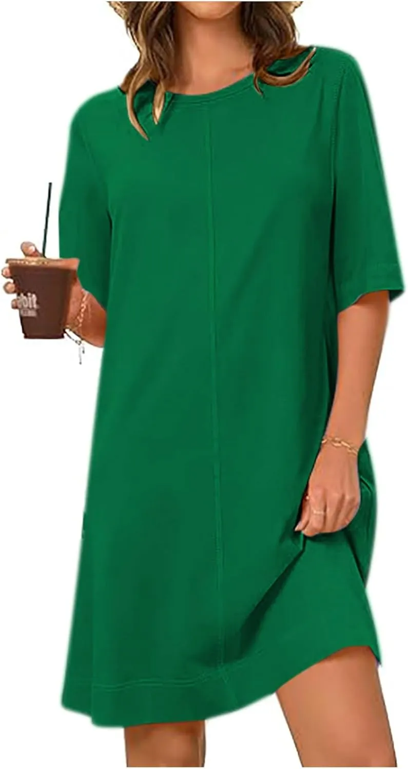 2025 Women's Casual Sundress Spring and Summer Loose T Shirt Dress Solid Half Sleeve Knee Length Shift Dresses