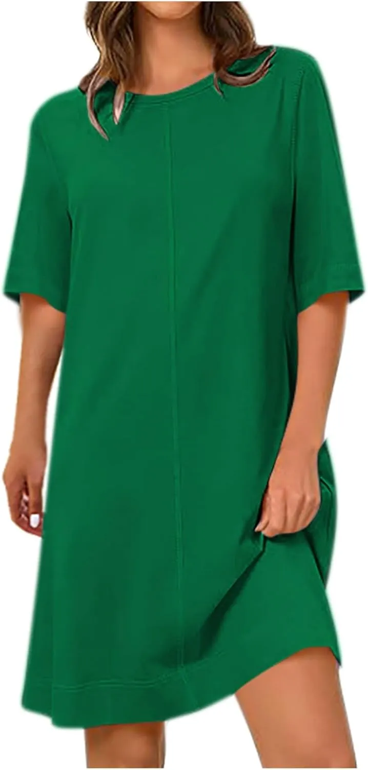 2025 Women's Casual Sundress Spring and Summer Loose T Shirt Dress Solid Half Sleeve Knee Length Shift Dresses