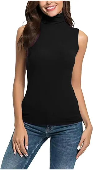 2025 Womens Sleeveless Turtleneck Tops Plus Size Mock High Neck Tank Tops Slim Fitted Undershirt Basic Layer Tees