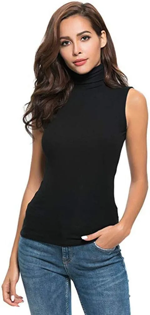 2025 Womens Sleeveless Turtleneck Tops Plus Size Mock High Neck Tank Tops Slim Fitted Undershirt Basic Layer Tees