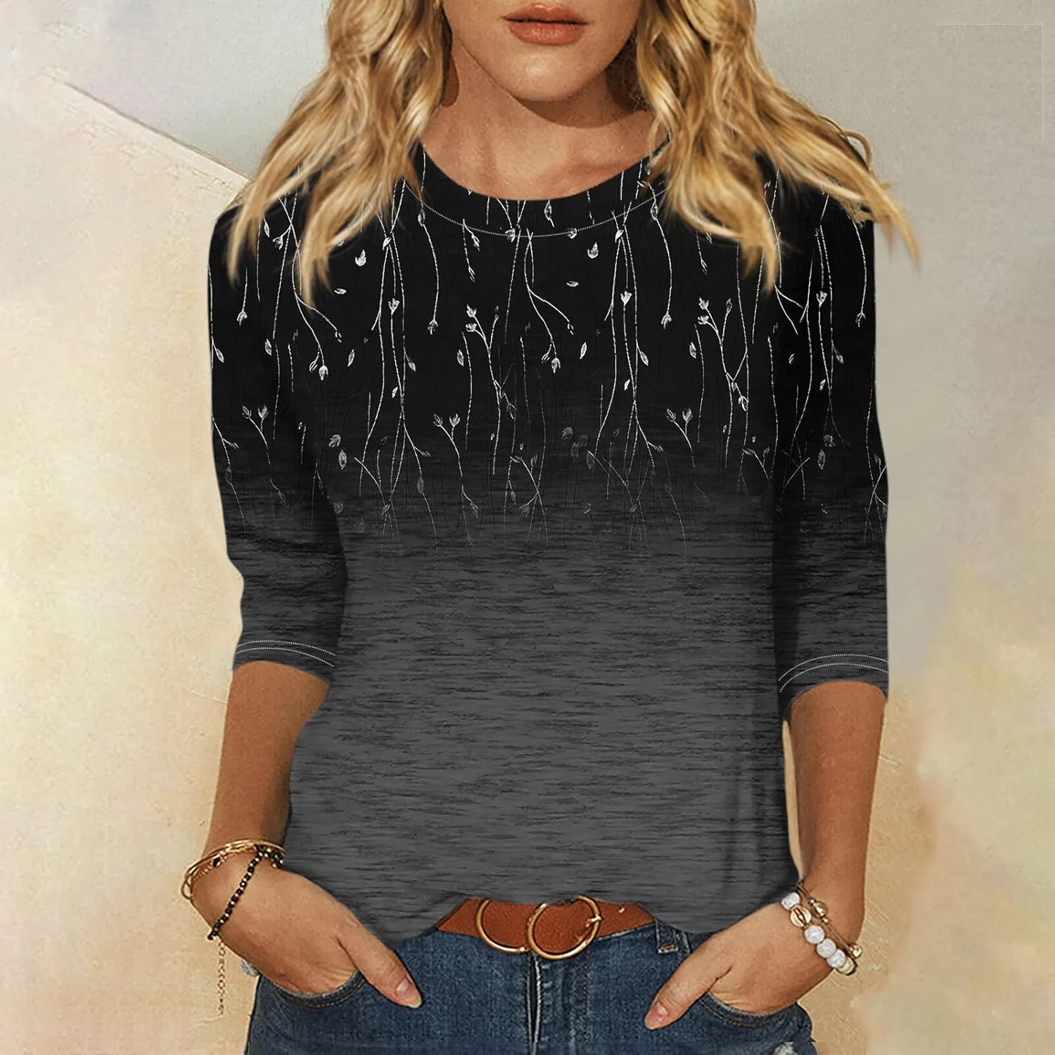 3/4 Length Sleeve Womens Tops Plus Size Spring Tops 2025 Crewneck Floral Graphic T Shirts Loose Fit Tunic Blouses