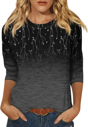 3/4 Length Sleeve Womens Tops Plus Size Spring Tops 2025 Crewneck Floral Graphic T Shirts Loose Fit Tunic Blouses