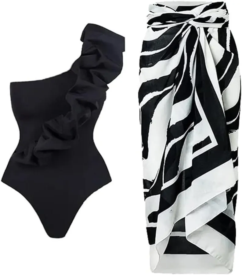 AFAVOM Women's One Piece Swimsuit with Cover up Beach Skirt Sarong Two Piece Floral Printed Monokini Swimsuit Bathing Suit
