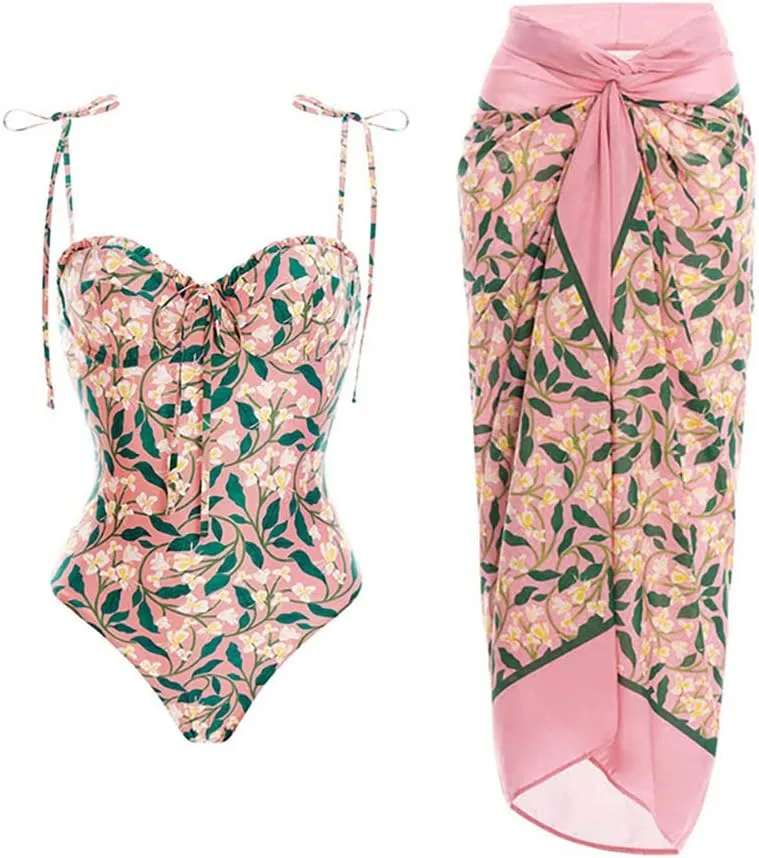 AFAVOM Women's One Piece Swimsuit with Cover up Beach Skirt Sarong Two Piece Floral Printed Monokini Swimsuit Bathing Suit