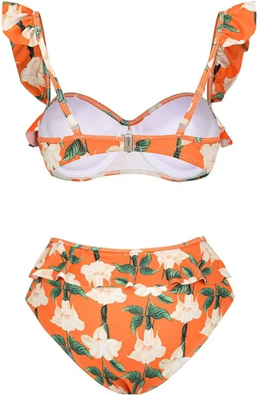 AFAVOM Women's One Piece Swimsuit with Cover up Beach Skirt Sarong Two Piece Floral Printed Monokini Swimsuit Bathing Suit