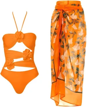 AFAVOM Women's One Piece Swimsuit with Cover up Beach Skirt Sarong Two Piece Floral Printed Monokini Swimsuit Bathing Suit
