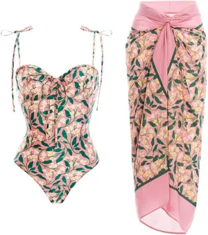 AFAVOM Women's One Piece Swimsuit with Cover up Beach Skirt Sarong Two Piece Floral Printed Monokini Swimsuit Bathing Suit