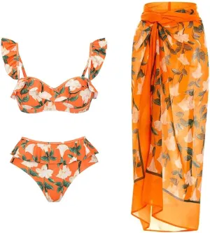 AFAVOM Women's One Piece Swimsuit with Cover up Beach Skirt Sarong Two Piece Floral Printed Monokini Swimsuit Bathing Suit