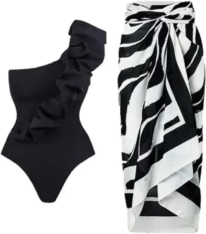 AFAVOM Women's One Piece Swimsuit with Cover up Beach Skirt Sarong Two Piece Floral Printed Monokini Swimsuit Bathing Suit
