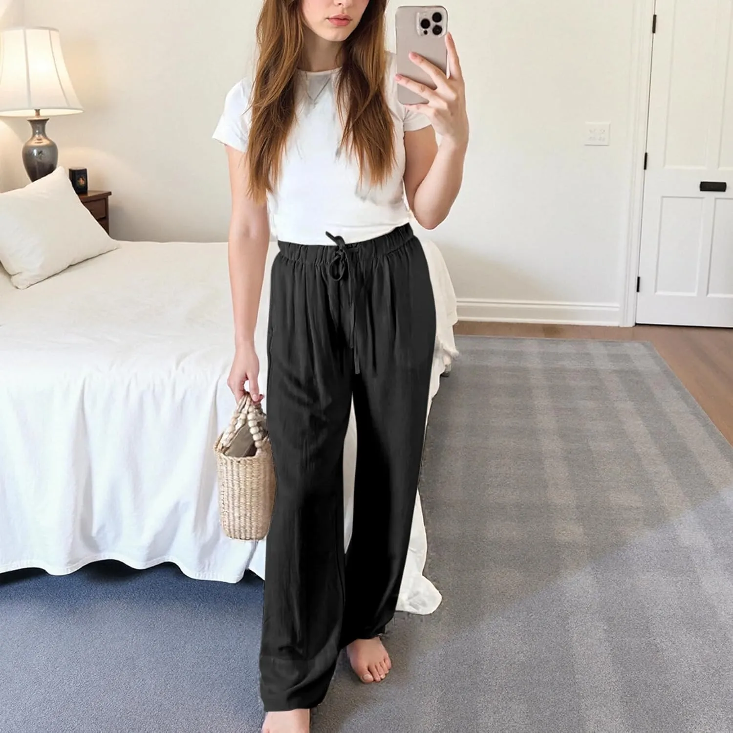 Ainangua Women Linen Palazzo Pants Casual Elasticated Drawstring Waist Wide Leg Trousers Trendy Beach Travel Outfits