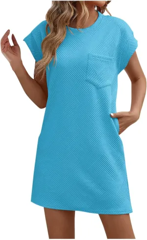 Akklian Womens Casual Summer Round Neck Basic Mini Dresses Textured Cap Sleeve Loose T Shirt Shift Dress with Pockets 2025
