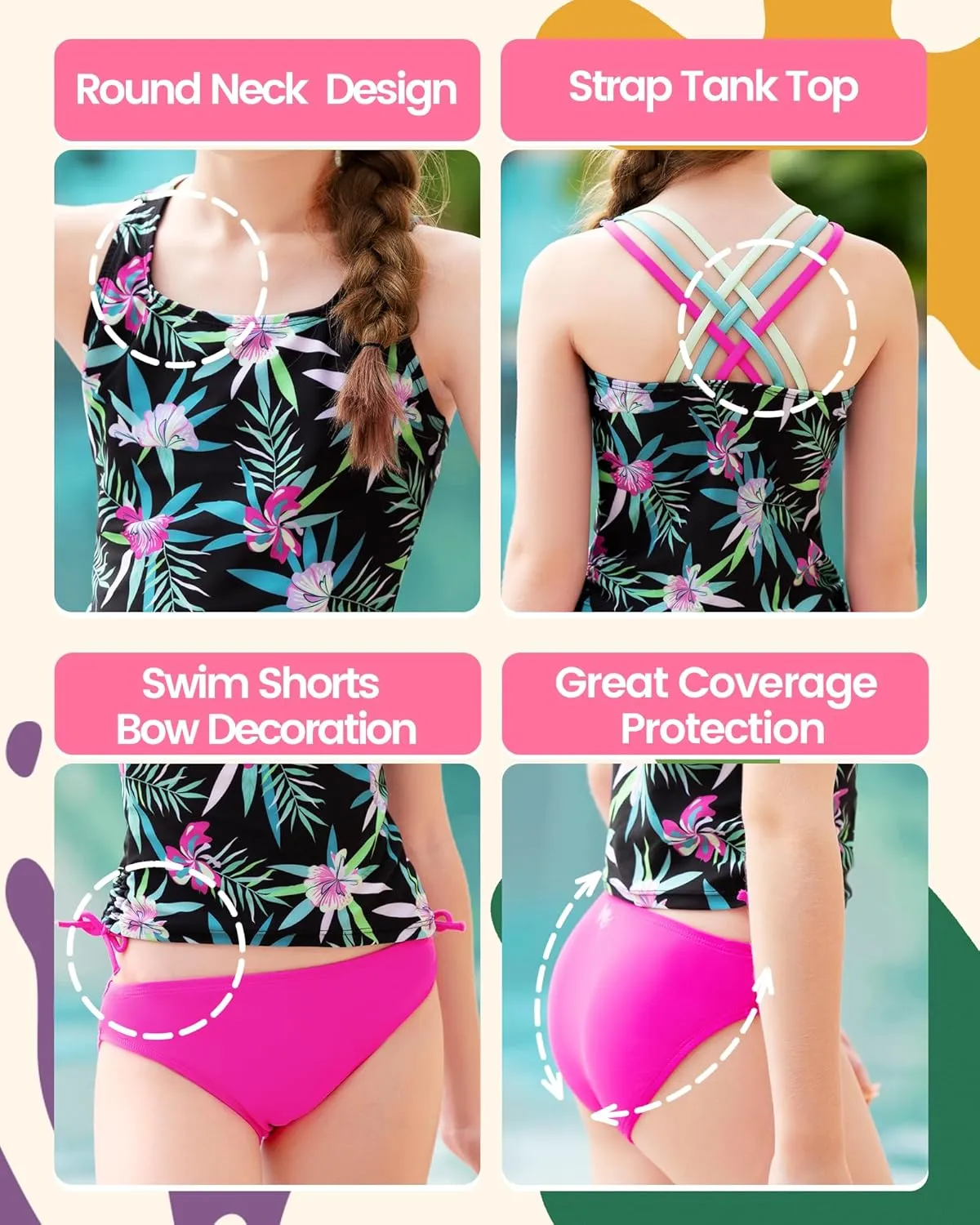 Angel season Girls Girls Tankini Swimsuit Two Piece Tankinis for Tween Bathing Suit Juniors Modest Swimwear with UPF 50 
