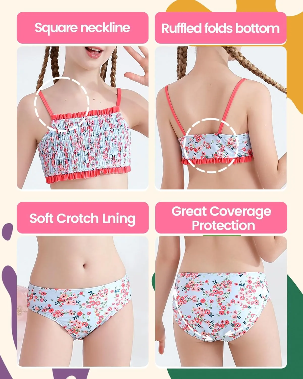 Angel season Girls Swimsuit Bikini Set Two Piece Tankini Bathing Suit Teens High Waisted Beach Swimwear Cute Size 7-14