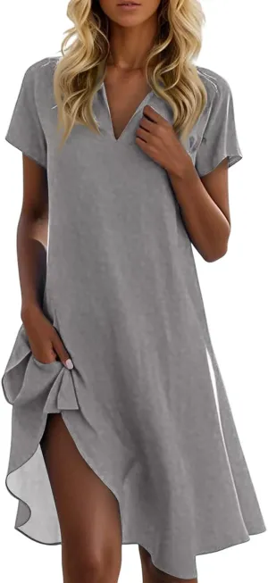 Azeralia Women's 2025 Summer Short Sleeve Mini Dress Casual Collared V Neck Loose T Shirt Dresses Maxi Dresses