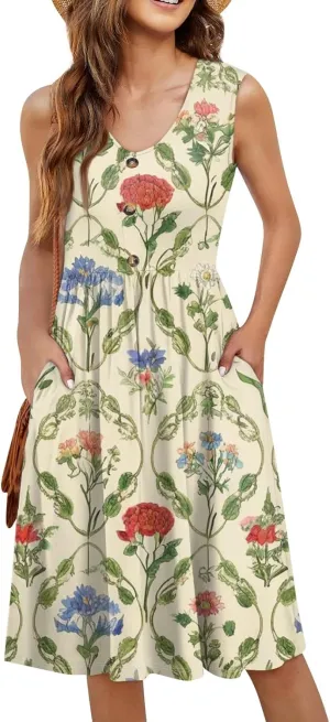 Azeralia Women's Summer Boho Sleeveless V-Neck Tank Dresses Casual Loose Flowy Midi Dress Beach Party Sundress