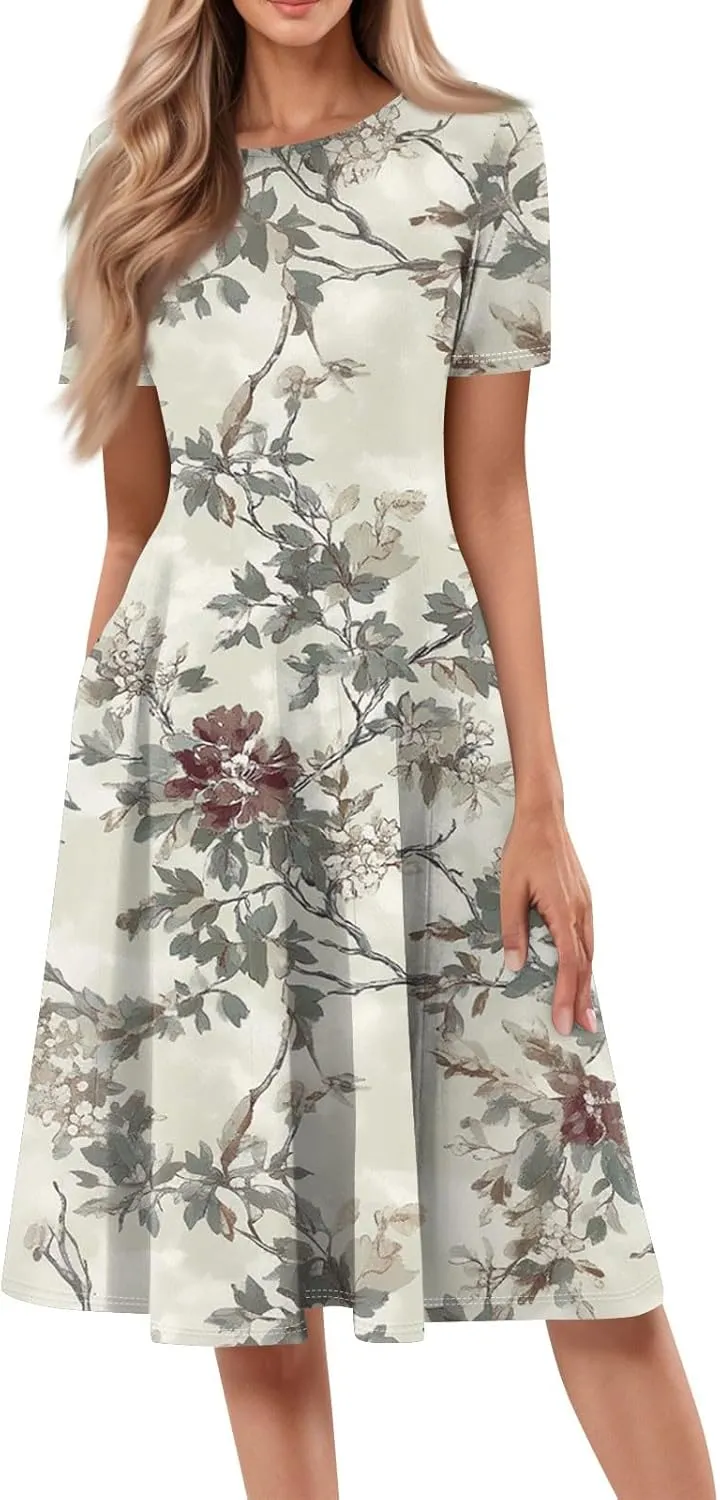 Azeralia Womens Summer Casual Crew Neck Midi Dress Flowy A-line Short Sleeve Floral Printed Dresses Elegant Formal Clothes