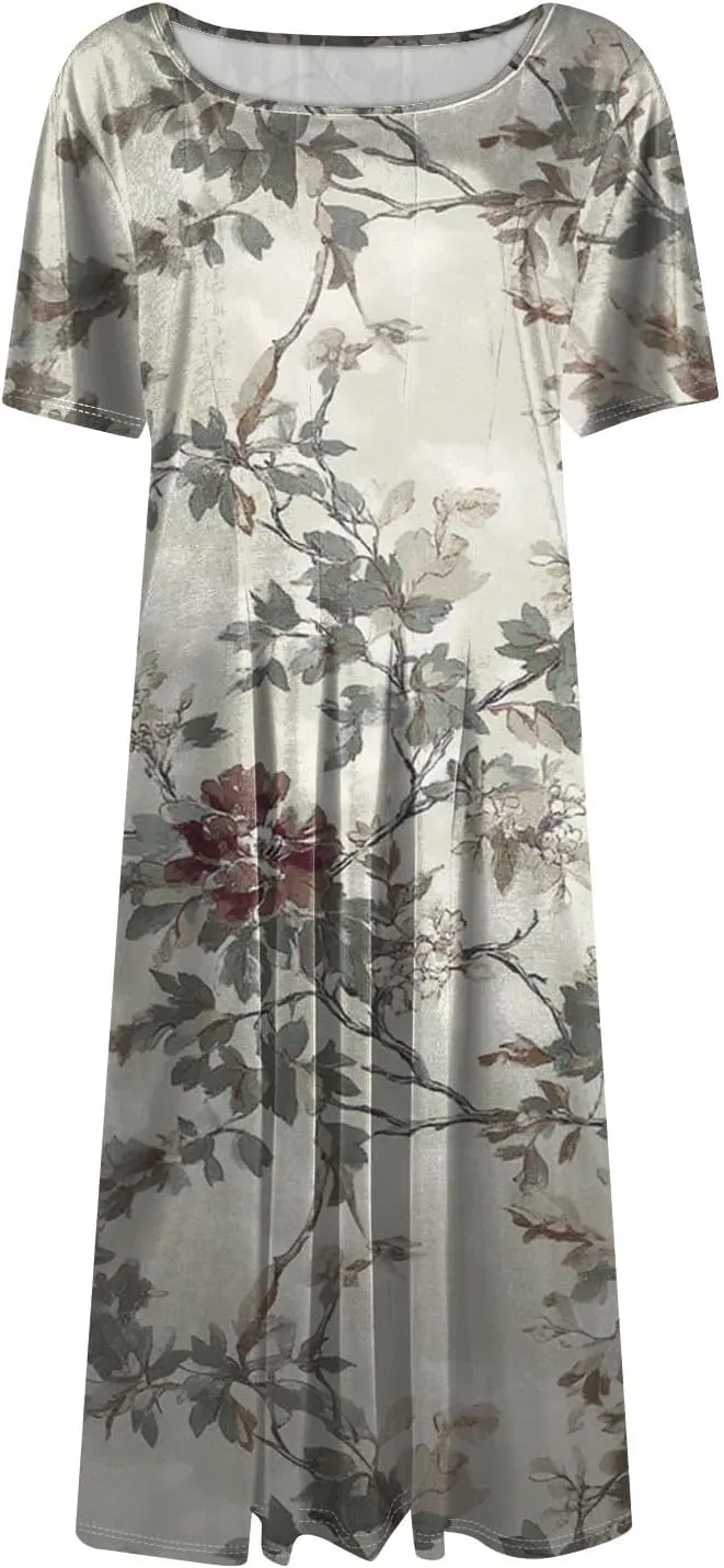 Azeralia Womens Summer Casual Crew Neck Midi Dress Flowy A-line Short Sleeve Floral Printed Dresses Elegant Formal Clothes