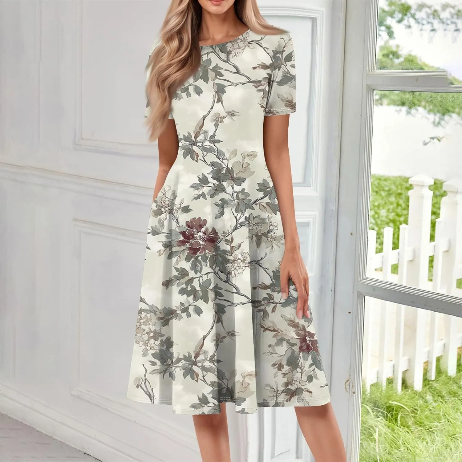 Azeralia Womens Summer Casual Crew Neck Midi Dress Flowy A-line Short Sleeve Floral Printed Dresses Elegant Formal Clothes
