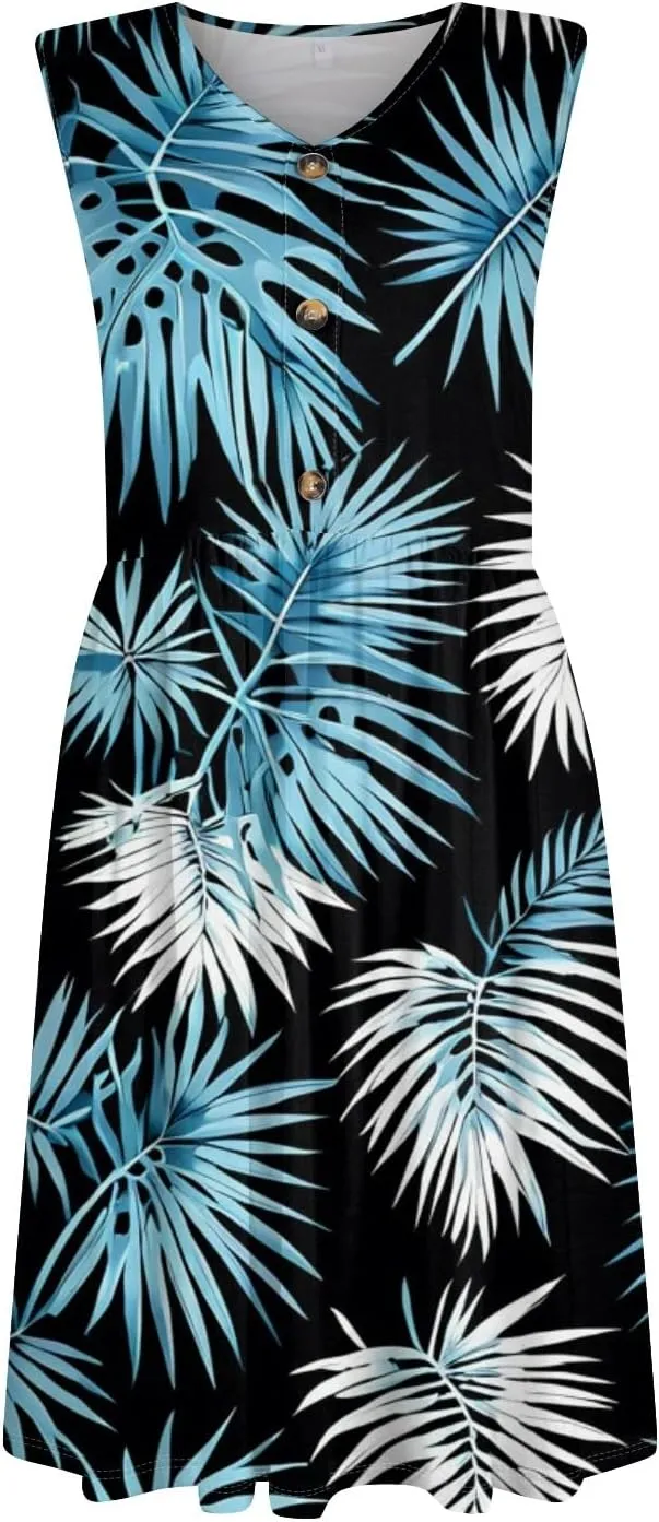 Azeralia Women's Summer Dresses V-Neck Sleeveless Boho Sundress Casual Loose Flowy Midi Dress Beach Printed Tank Dress