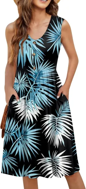 Azeralia Women's Summer Dresses V-Neck Sleeveless Boho Sundress Casual Loose Flowy Midi Dress Beach Printed Tank Dress