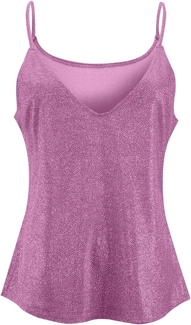 Azeralia Womens Tank Tops Casual Fashion V Neck Strappy Sequin Sparkle Shimmer Camisole Sexy Sleeveless Tanks Tops