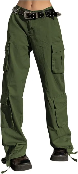 Baggy Cargo for Women Low Waist Cargo Pants Sweatpants Drawstring Loose Pocket Jogger Trousers Hippie Punk Streetwear