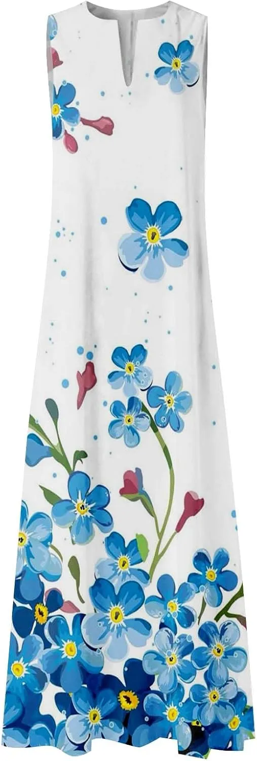 Beach Dresses for Women 2025 Printed Long Skirt Casual Flower Sleeveless V Neck Long Sun Square Neck Floral Midi