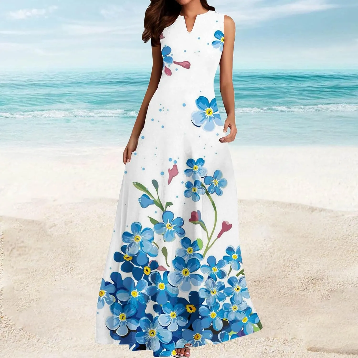 Beach Dresses for Women 2025 Printed Long Skirt Casual Flower Sleeveless V Neck Long Sun Square Neck Floral Midi