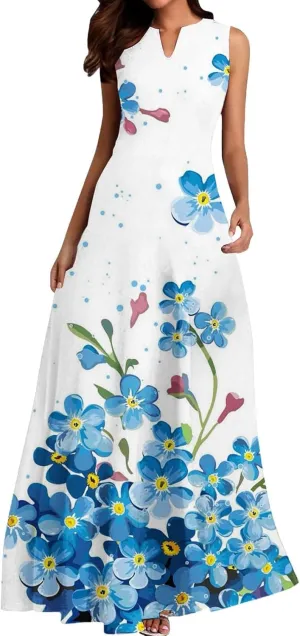 Beach Dresses for Women 2025 Printed Long Skirt Casual Flower Sleeveless V Neck Long Sun Square Neck Floral Midi