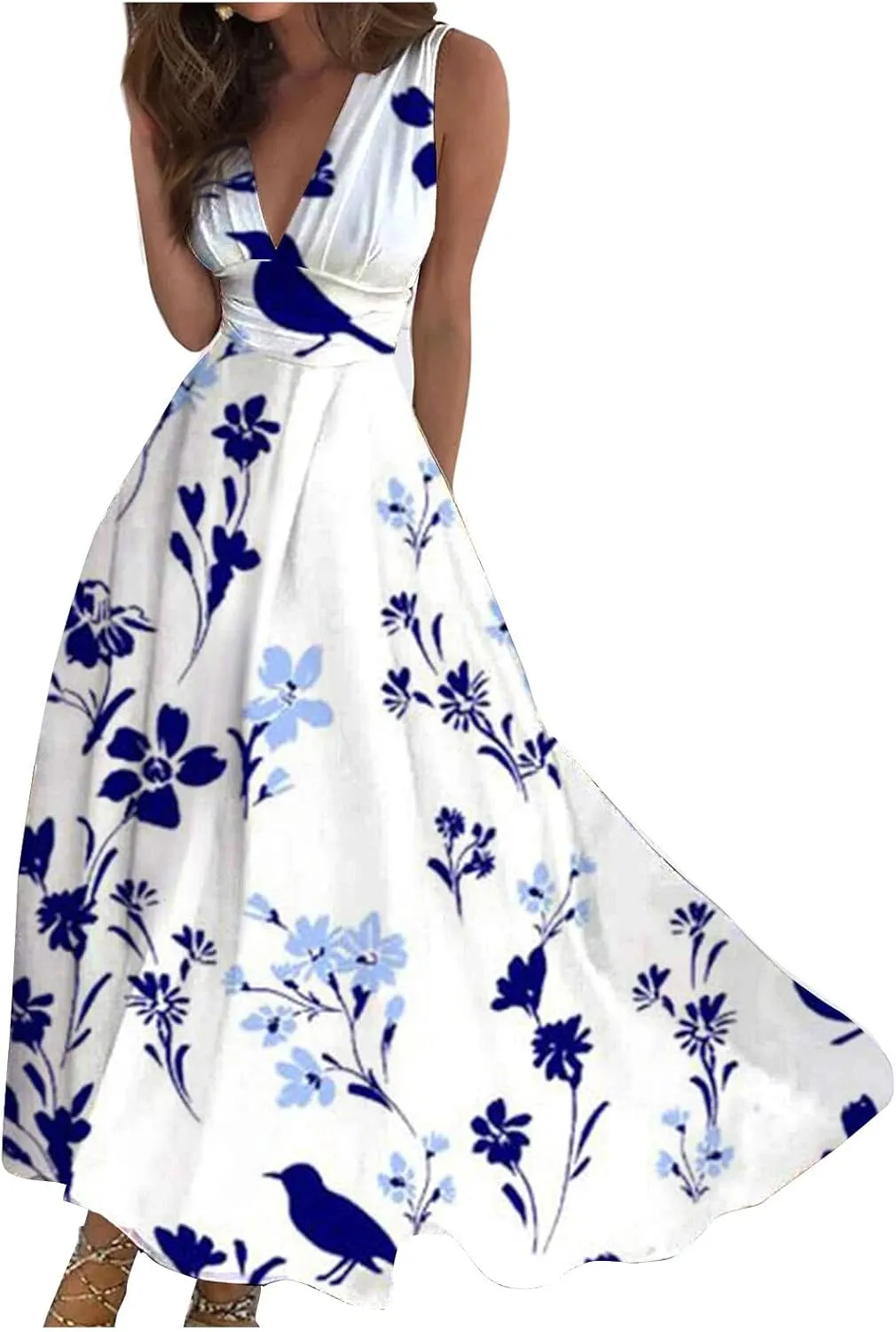 Beach Dresses for Women,Spring Summer Trendy Elegant V Neck Wrap Floral Boho Dress Flowy Ruched Hawaiian Maxi Dress