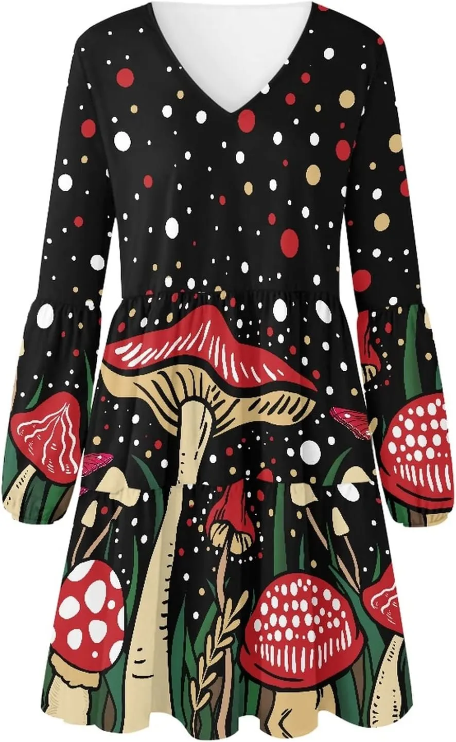 Bengbobar 2023 Mushroom Dress Women Graphic Long Puff Sleeve Casual Loose Summer V Neck Tunic Midi Flowy Pleated Shift Dress