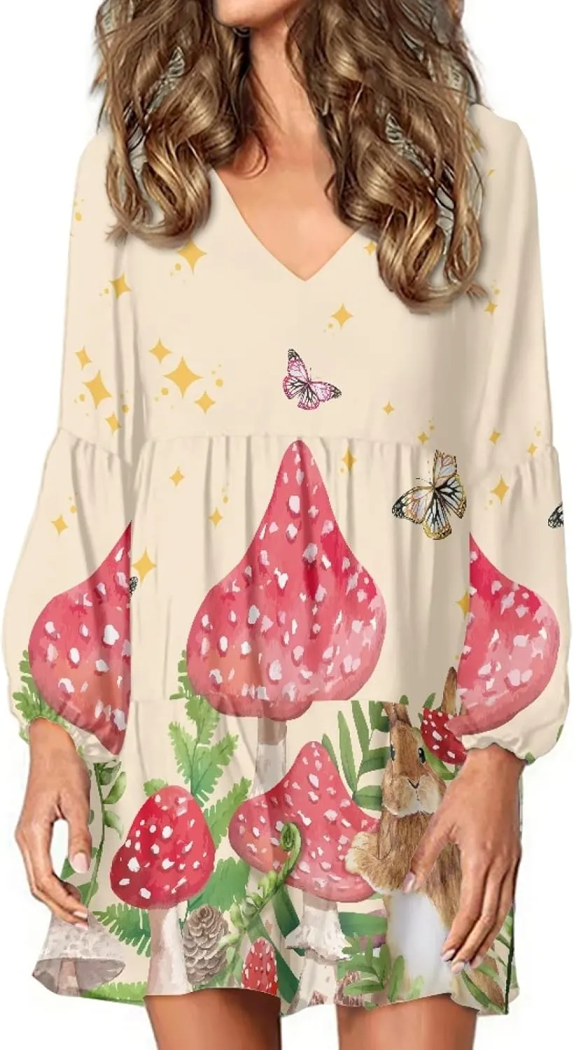Bengbobar 2023 Mushroom Dress Women Graphic Long Puff Sleeve Casual Loose Summer V Neck Tunic Midi Flowy Pleated Shift Dress