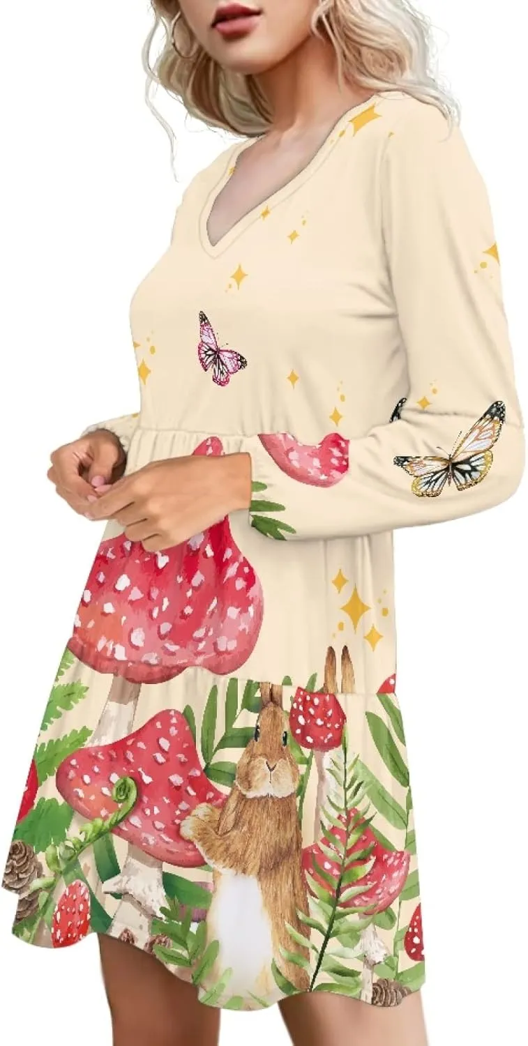 Bengbobar 2023 Mushroom Dress Women Graphic Long Puff Sleeve Casual Loose Summer V Neck Tunic Midi Flowy Pleated Shift Dress