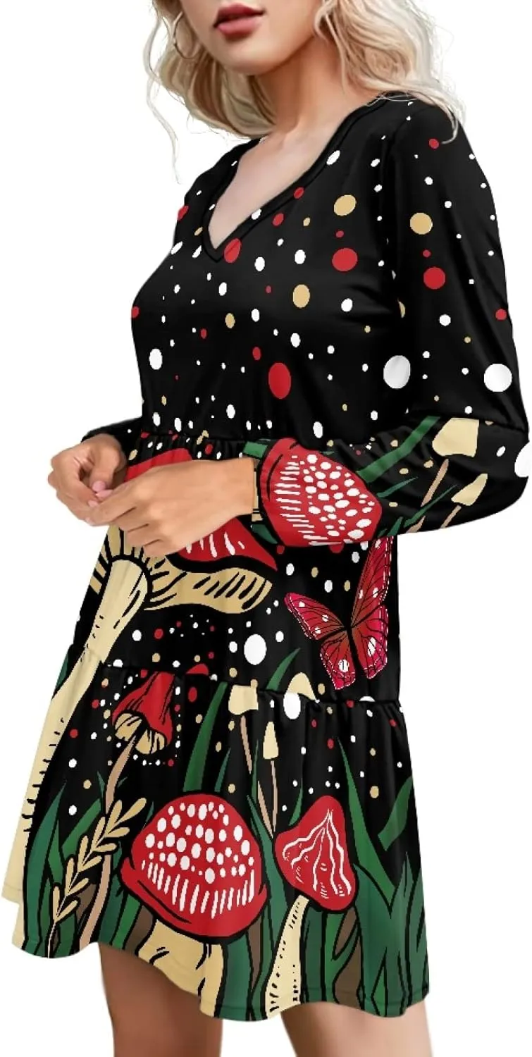 Bengbobar 2023 Mushroom Dress Women Graphic Long Puff Sleeve Casual Loose Summer V Neck Tunic Midi Flowy Pleated Shift Dress