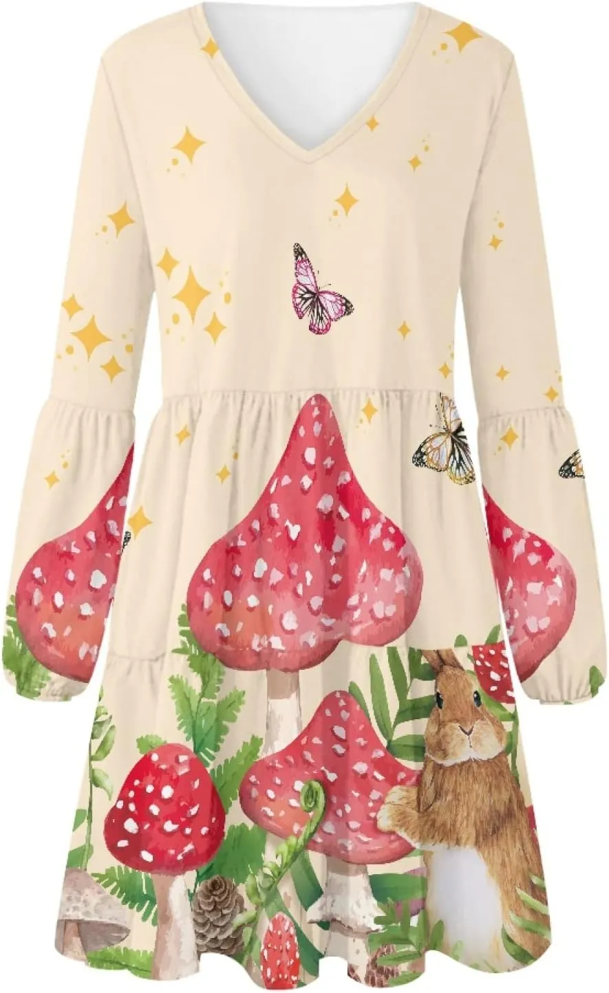 Bengbobar 2023 Mushroom Dress Women Graphic Long Puff Sleeve Casual Loose Summer V Neck Tunic Midi Flowy Pleated Shift Dress