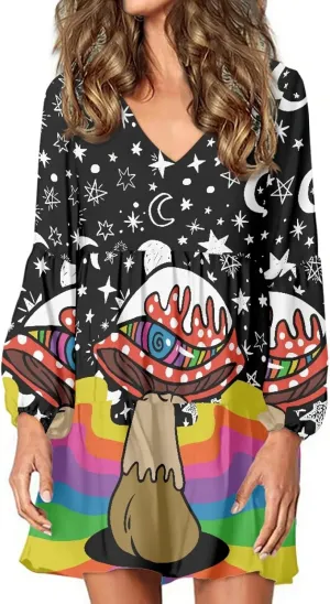 Bengbobar 2023 Mushroom Dress Women Graphic Long Puff Sleeve Casual Loose Summer V Neck Tunic Midi Flowy Pleated Shift Dress