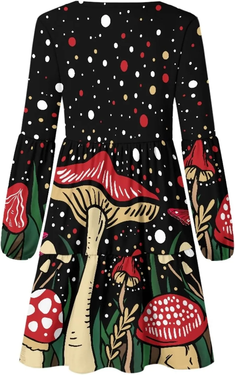 Bengbobar 2023 Mushroom Dress Women Graphic Long Puff Sleeve Casual Loose Summer V Neck Tunic Midi Flowy Pleated Shift Dress
