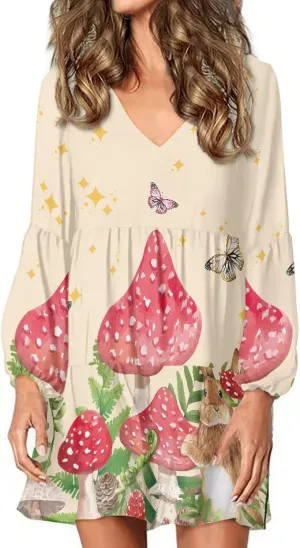 Bengbobar 2023 Mushroom Dress Women Graphic Long Puff Sleeve Casual Loose Summer V Neck Tunic Midi Flowy Pleated Shift Dress