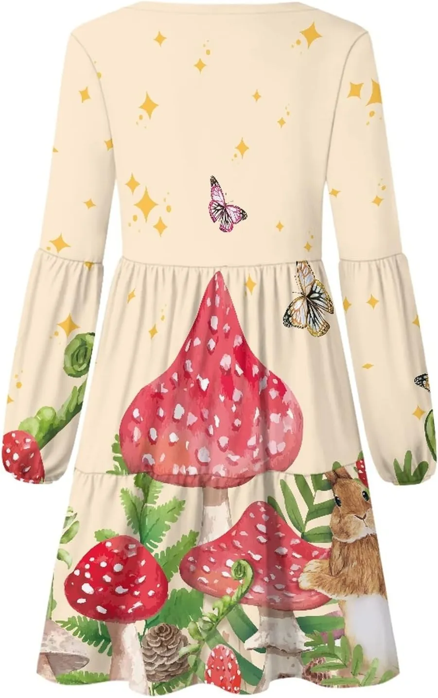 Bengbobar 2023 Mushroom Dress Women Graphic Long Puff Sleeve Casual Loose Summer V Neck Tunic Midi Flowy Pleated Shift Dress