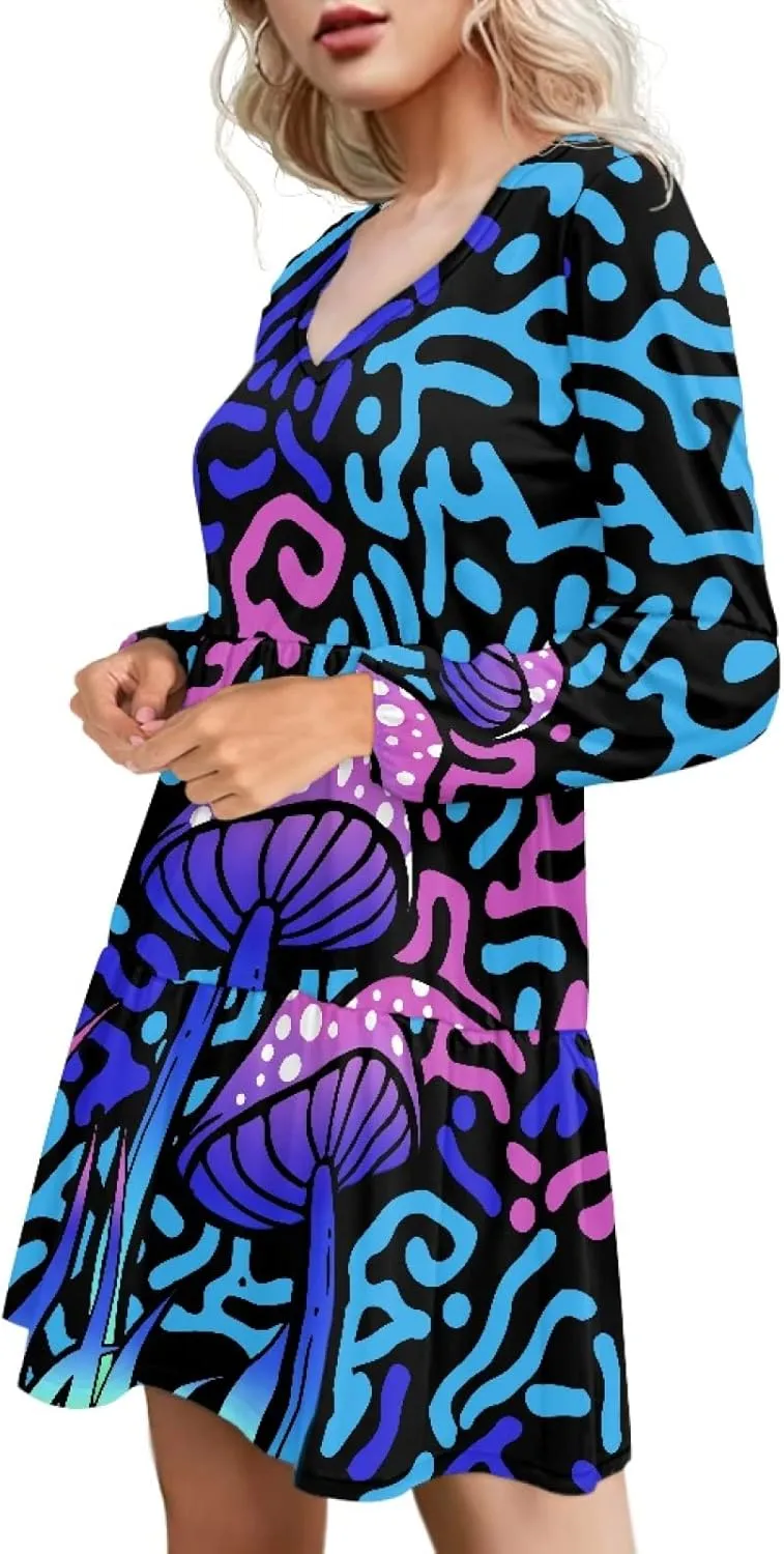Bengbobar 2023 Mushroom Dress Women Graphic Long Puff Sleeve Casual Loose Summer V Neck Tunic Midi Flowy Pleated Shift Dress