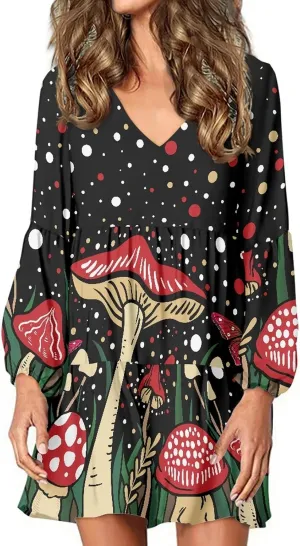Bengbobar 2023 Mushroom Dress Women Graphic Long Puff Sleeve Casual Loose Summer V Neck Tunic Midi Flowy Pleated Shift Dress