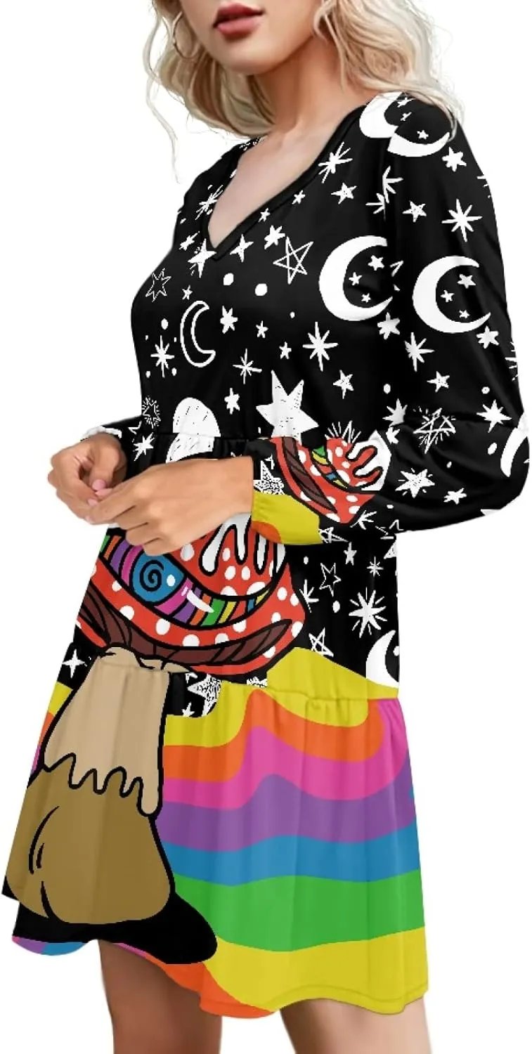Bengbobar 2023 Mushroom Dress Women Graphic Long Puff Sleeve Casual Loose Summer V Neck Tunic Midi Flowy Pleated Shift Dress