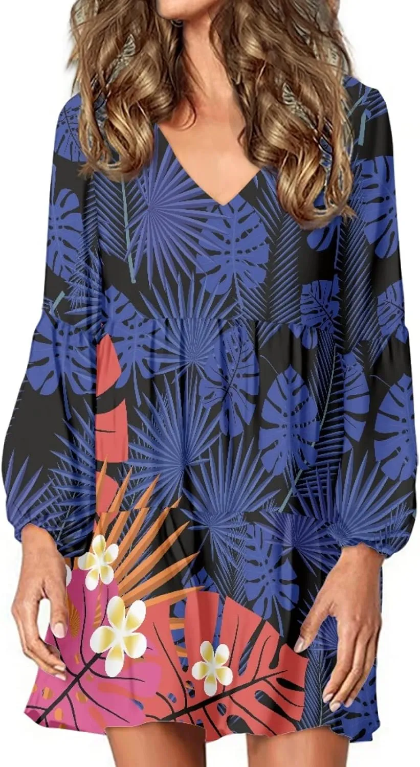 Bengbobar Women Polynesian Tribal Dress Flower V Neck Puff Long Sleeve Casual Elegant Midi Loose Pleated Swing Shift Dresses