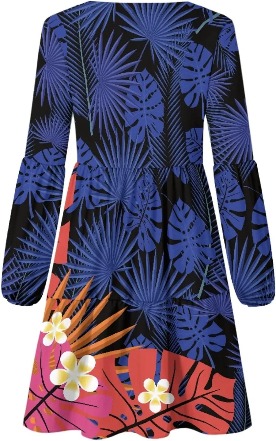 Bengbobar Women Polynesian Tribal Dress Flower V Neck Puff Long Sleeve Casual Elegant Midi Loose Pleated Swing Shift Dresses
