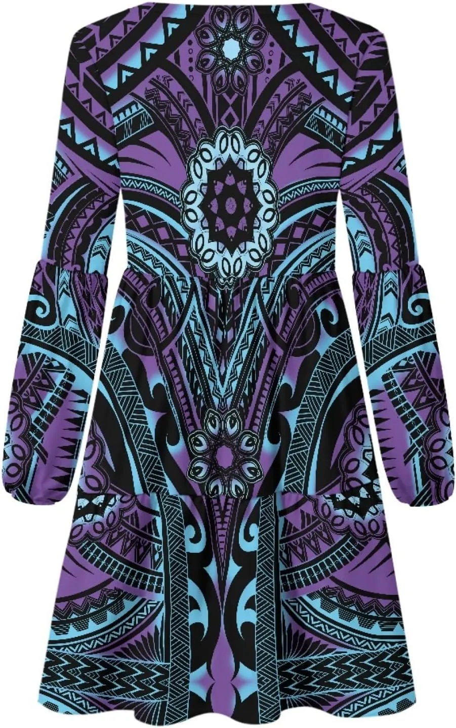 Bengbobar Women Polynesian Tribal Dress Flower V Neck Puff Long Sleeve Casual Elegant Midi Loose Pleated Swing Shift Dresses