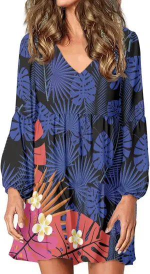 Bengbobar Women Polynesian Tribal Dress Flower V Neck Puff Long Sleeve Casual Elegant Midi Loose Pleated Swing Shift Dresses