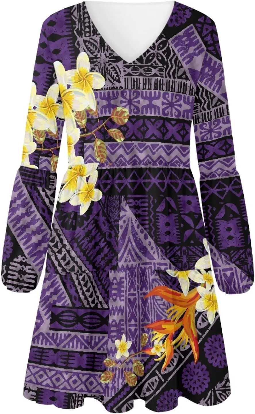 Bengbobar Women Polynesian Tribal Dress Flower V Neck Puff Long Sleeve Casual Elegant Midi Loose Pleated Swing Shift Dresses